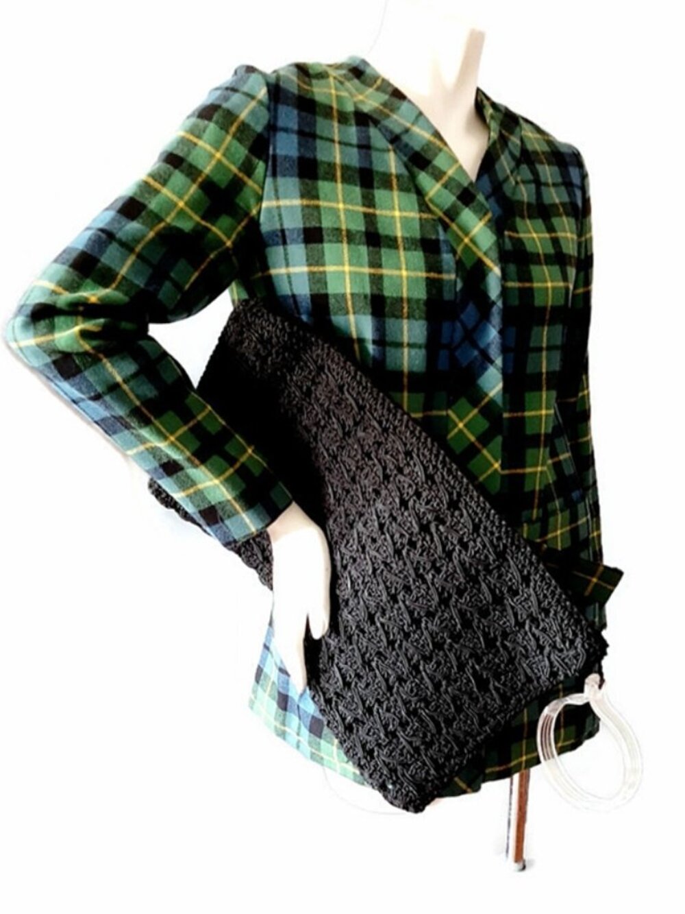 Very Large 1940s Vintage Black Cord Crocheted Long Handbag With A Lucite Ring